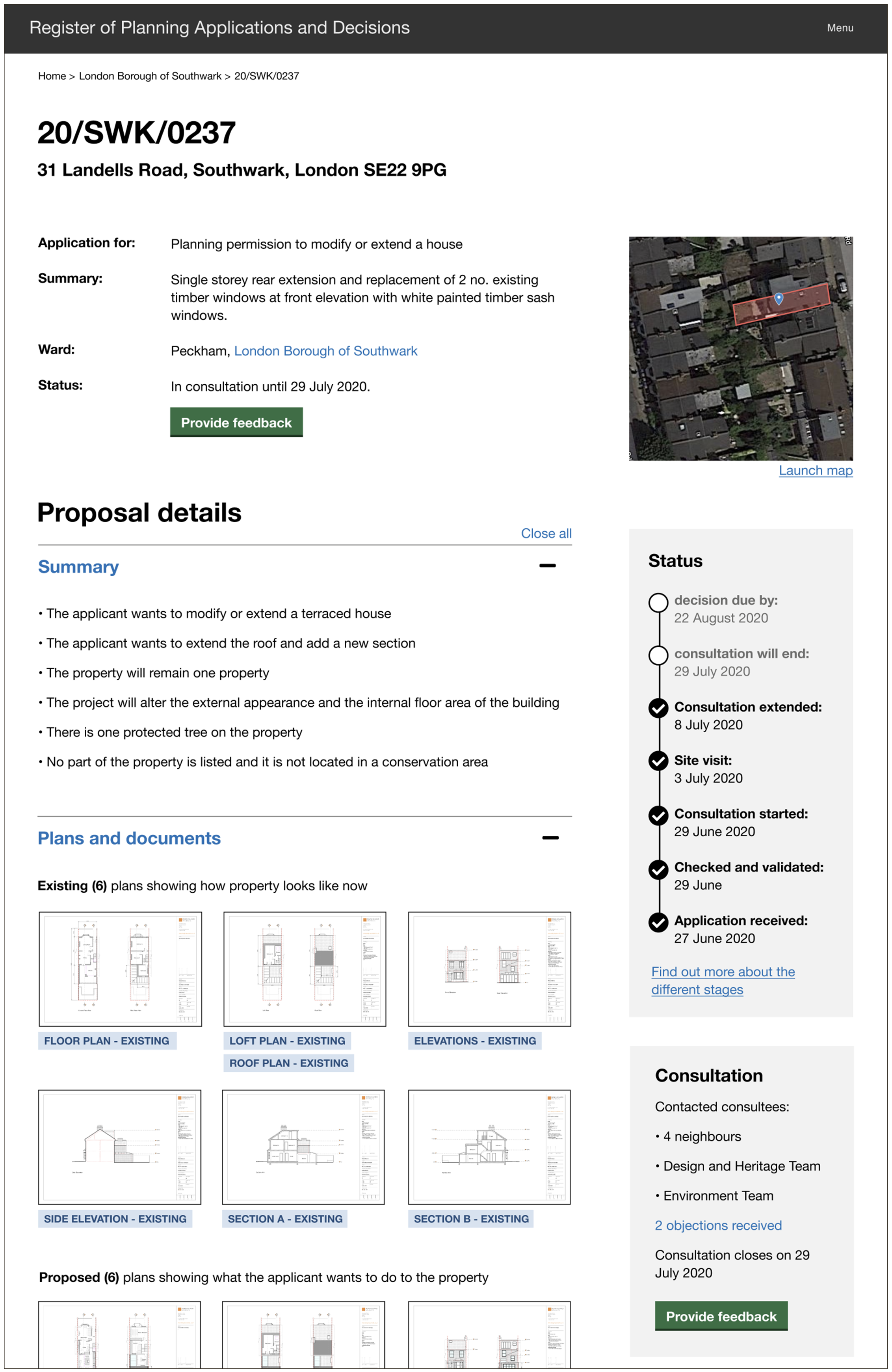 Screenshot of prototype showing a web page with information about a planning application including details about the proposal, the address, a map, the drawing that the applicant submitted with their application, and the status of the application.