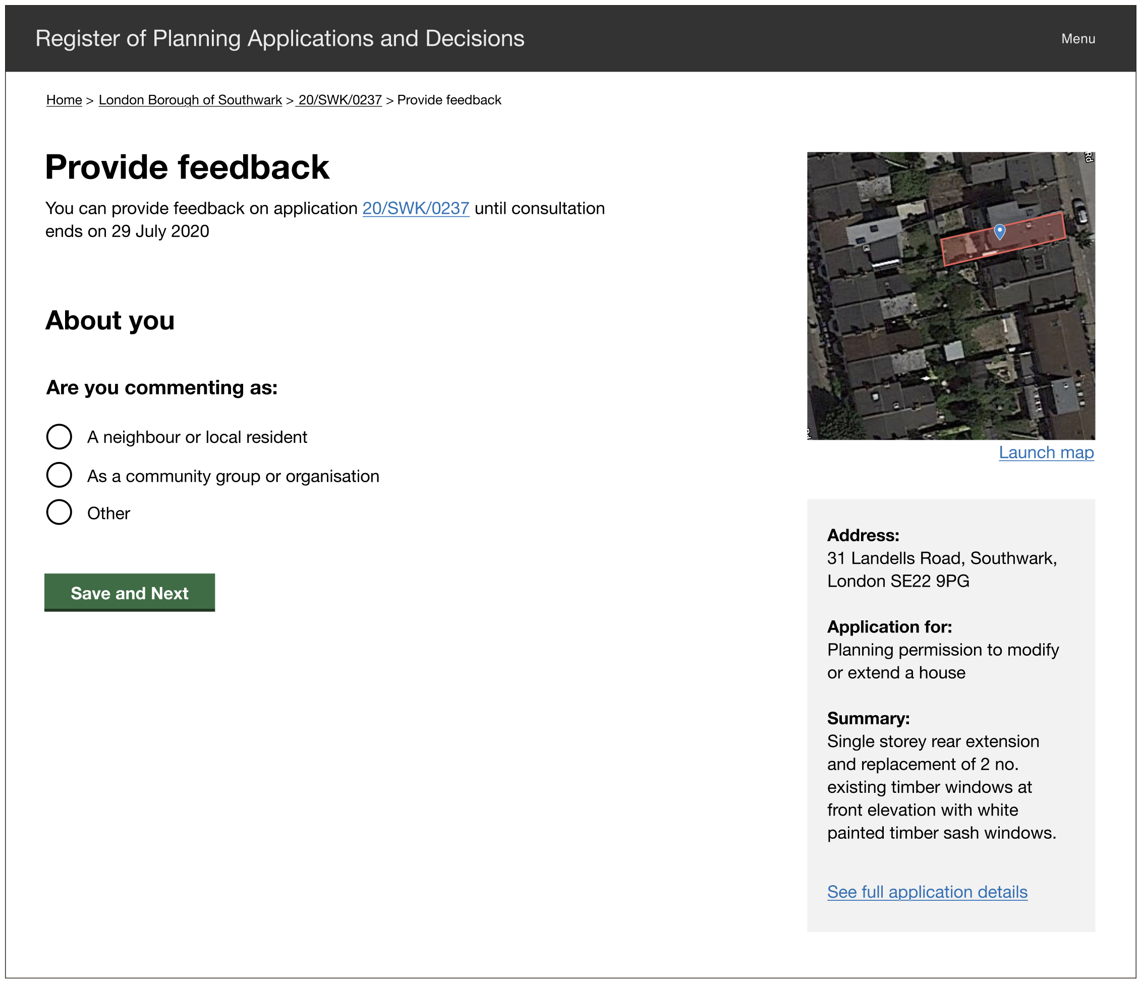 Screenshot from prototype showing the first step on a consultation feedback form, asking users to choose the capacity in which they are commenting. They can choose one of three options: a neighbour or local resident, a community group or organisation, other.